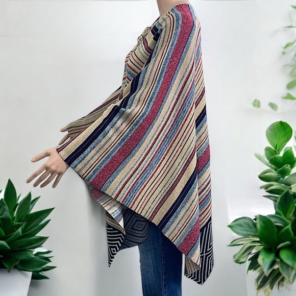 Janice Women’s Multi-Color Geometric Stripe Lace-Up Detail Poncho - Picture 8 of 16